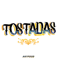 the word tostadas is on a white background with a yellow swirl