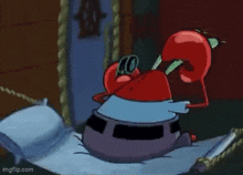 a cartoon character from spongebob squarepants is sitting on a bed holding a bottle .