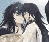 two anime characters with long black hair and white feathers