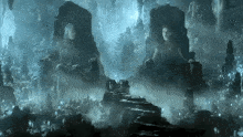 a man and a woman sit on thrones in a dark cave