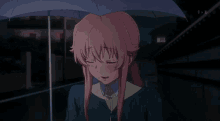 a girl with pink hair is holding an umbrella in the dark