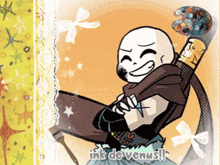 a drawing of a skeleton holding a palette with the words ink de venus below him