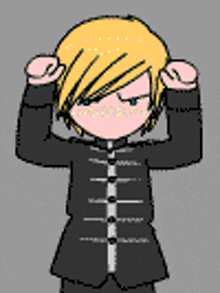 a cartoon character with blonde hair is wearing a black jacket and black pants .