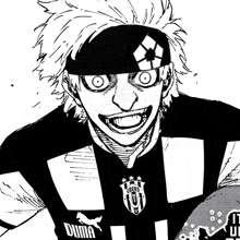 a black and white drawing of a man wearing a puma soccer jersey