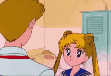 a man and a girl are standing next to each other in front of a locker with the words " bishoujo senshi " on it