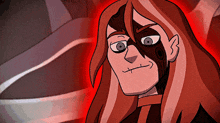 a cartoon character with long red hair and a mask