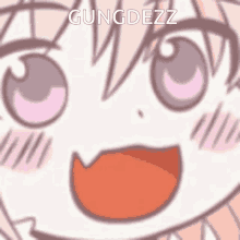 a close up of a cartoon character 's face with the words gungdezz written on it .