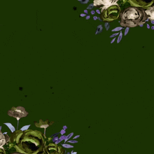 a green background with purple and white flowers and arabic writing on it