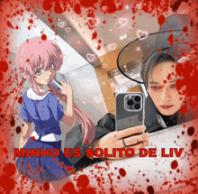a man taking a selfie with a girl behind him and the words minho es solito de liv on the bottom