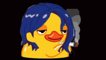 a yellow rubber duck with blue hair smoking a cigarette