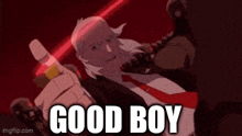 a man in a suit and tie is holding a red light saber in his hand .