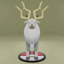a 3d model of a reindeer with antlers standing on a red and white ball .