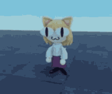 a stuffed animal with a cat 's head and ears is standing on a stool .