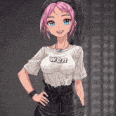 a girl with pink hair and blue eyes is wearing a wen t-shirt .
