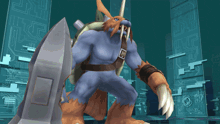 a monster with a shield and a sword is standing in front of a building with the letters tc on it