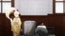 a girl in a yellow kimono is standing next to a pot