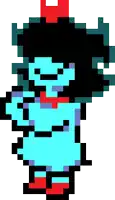 a pixel art drawing of a girl with a red bow on her head .