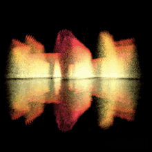 a painting with a black background and a red and yellow object in the middle