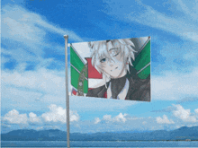 a flag with a picture of a boy on it is flying in the wind