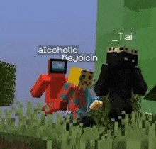 two minecraft characters are standing in a field and one has the name alcoholic rejoicing on it