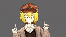 a drawing of a girl wearing a hat with mil stickers on it