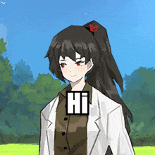 a girl with a ponytail and a white coat has the word hi on her chest