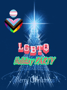 an lgbtq holiday party poster with a christmas tree