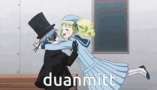 a man in a top hat is holding a girl in a blue dress and the words duan mitt are visible