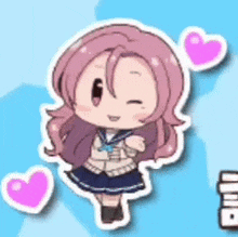 a cartoon girl with pink hair is surrounded by pink hearts and a blue background .