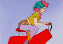 a cartoon of a woman with pink hair riding an exercise bike .