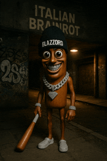 a cartoon character wearing a beanie that says blazzard is holding a baseball bat