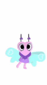 a pink and purple cartoon character with blue wings and a scarf around her neck