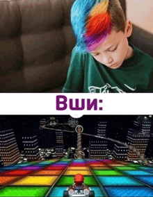 a picture of a boy with rainbow hair next to a picture of a rainbow kart track