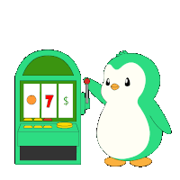 a green penguin is standing next to a green slot machine that has the number 777 on it