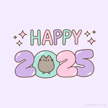 a cartoon drawing of a cat with the words happy 2025