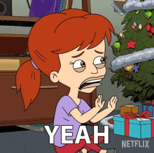 a cartoon of a girl sitting in front of a christmas tree says yeah netflix