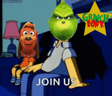 a cartoon of a man sitting next to a dog with the words join us