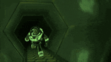buzz lightyear from toy story is running through a hallway .