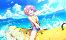 a girl with pink hair is riding on a yellow raft in the ocean
