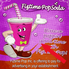 an advertisement for fiztime pop soda that is offering to pay for advertising in their establishment