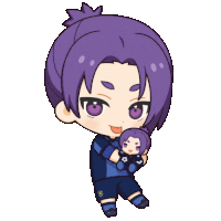 a boy with purple hair is holding a stuffed animal in his hands