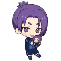 a boy with purple hair is holding a stuffed animal in his hands