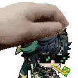 a hand is holding a cartoon character 's head in a pixel art .