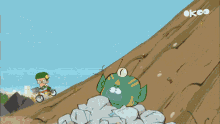 a cartoon shows a pile of barrels in front of a cliff and the word ok on the bottom