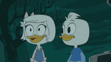 a cartoon duck pointing at a girl with a bow