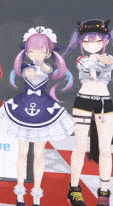 a couple of anime girls standing next to each other on a red and white checkered floor .