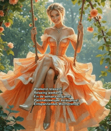 a woman in an orange dress is sitting on a swing with the words weekend relaxant on the bottom