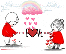 a boy and a girl are standing next to each other under a rainbow with the word love above them