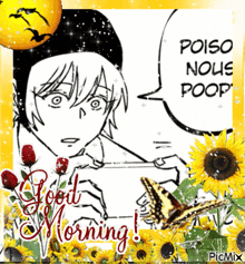 a black and white drawing of a man with a speech bubble that says poiso nous poop