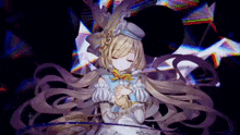 a girl with long blonde hair is wearing a hat and holding a sword in her hands .
